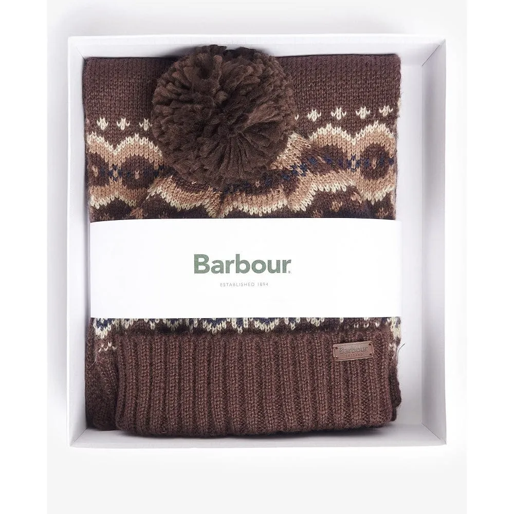 Barbour Fairisle Beanie & Scarf Gift Set in Green