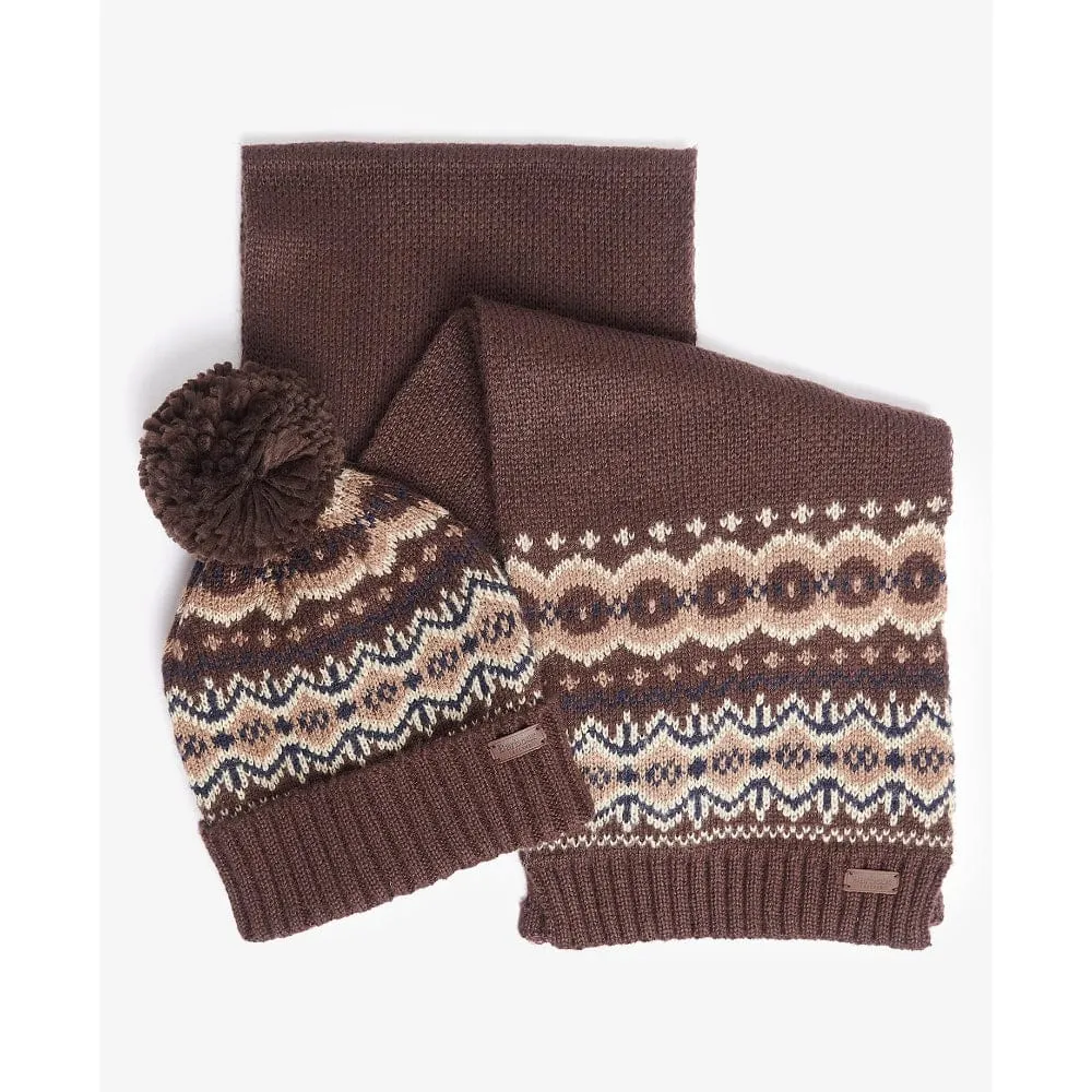 Barbour Fairisle Beanie & Scarf Gift Set in Green