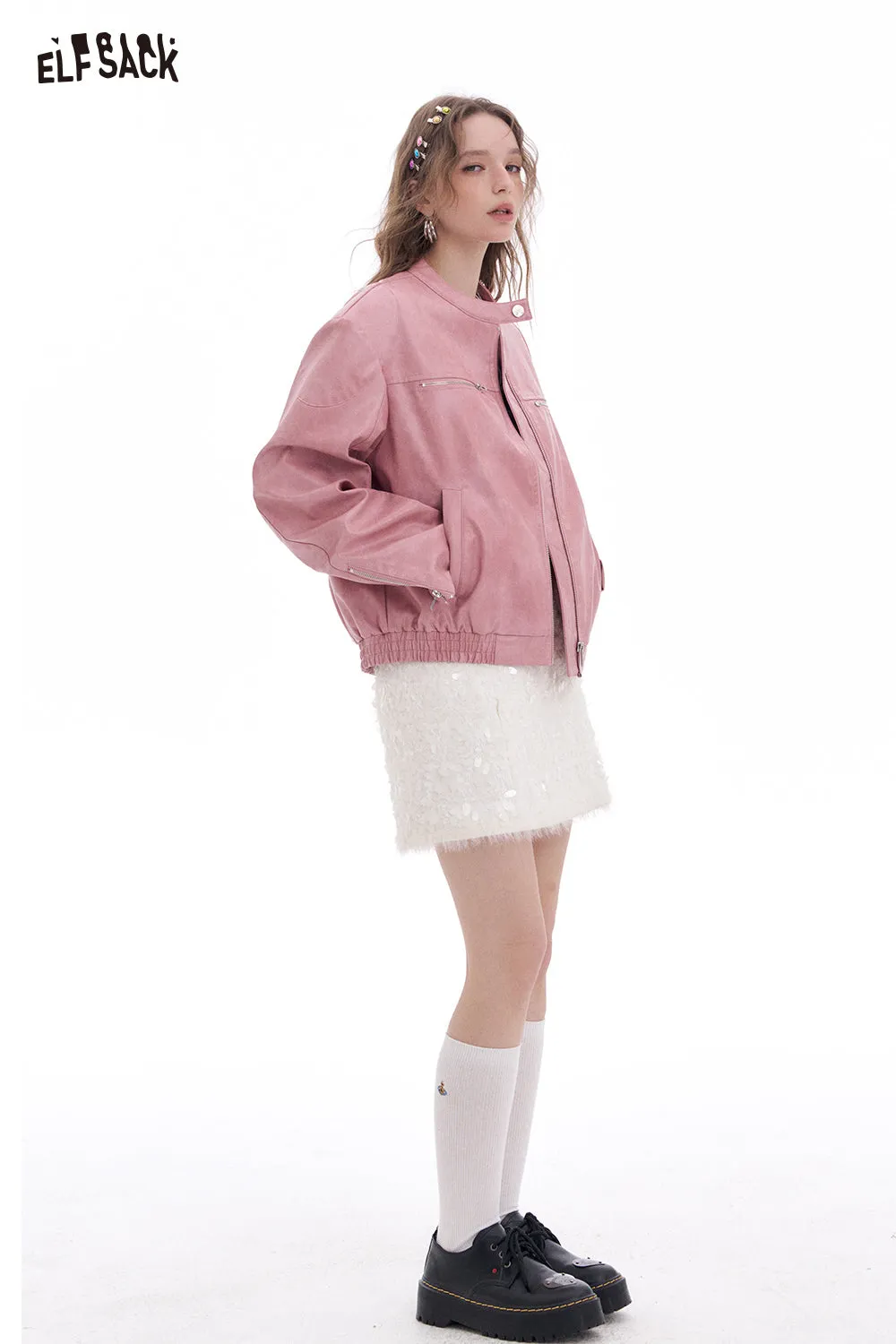 ELFSACK 2025 Spring New Arrivals Sweet Cool Pink Faux PU Leather Jacket Casual Lady Zipper Short Leather Jacket High Street Motorcycle Coat