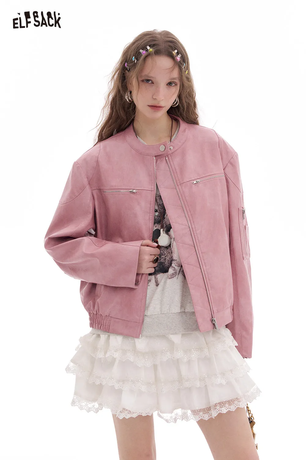 ELFSACK 2025 Spring New Arrivals Sweet Cool Pink Faux PU Leather Jacket Casual Lady Zipper Short Leather Jacket High Street Motorcycle Coat