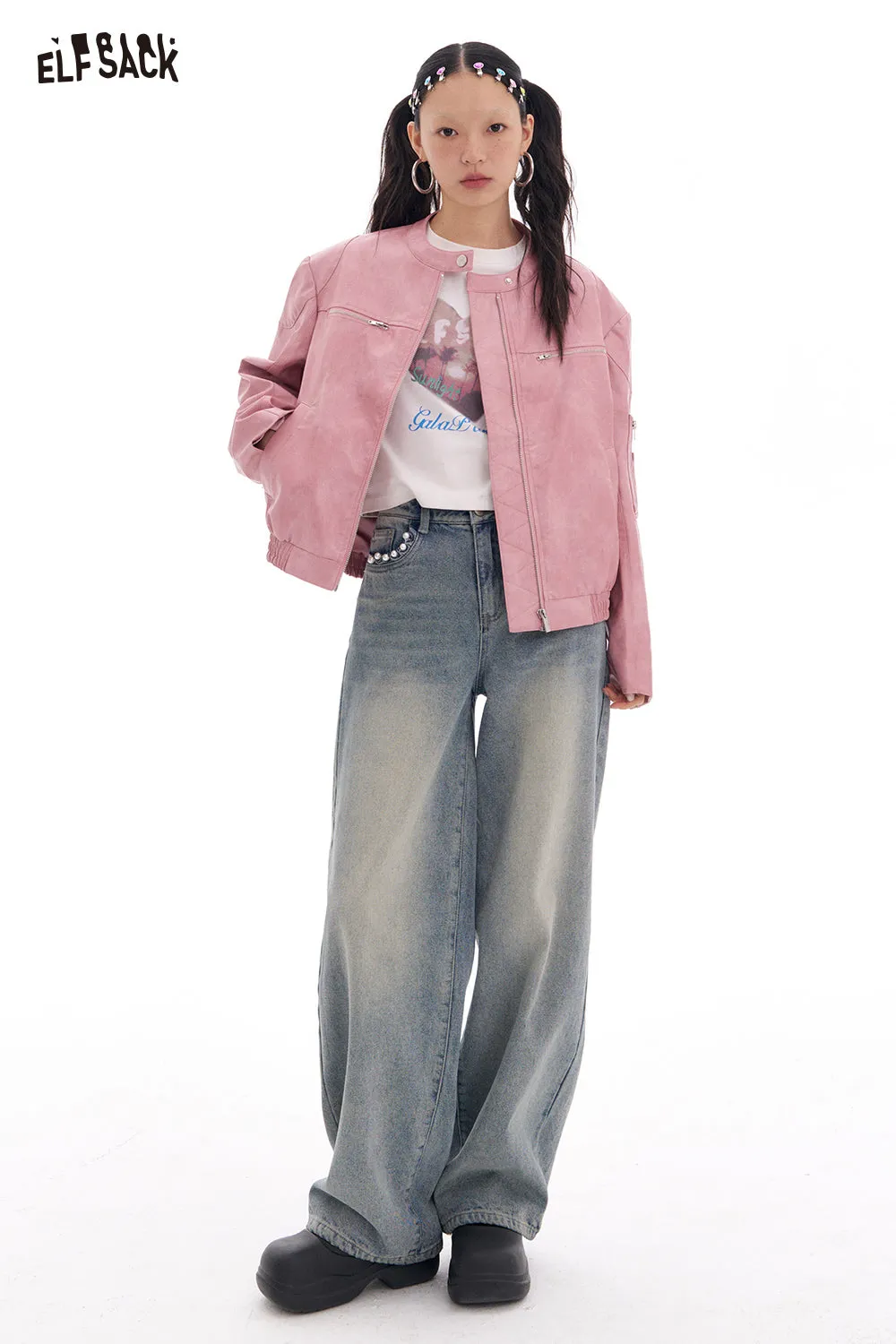 ELFSACK 2025 Spring New Arrivals Sweet Cool Pink Faux PU Leather Jacket Casual Lady Zipper Short Leather Jacket High Street Motorcycle Coat