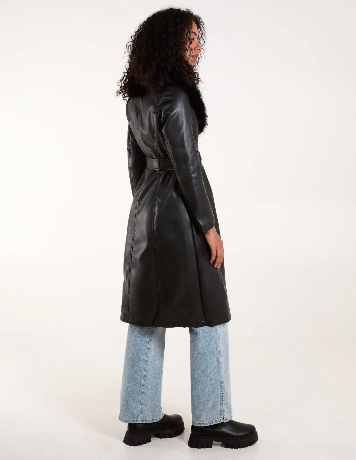 Faux Fur PU Longline Coat