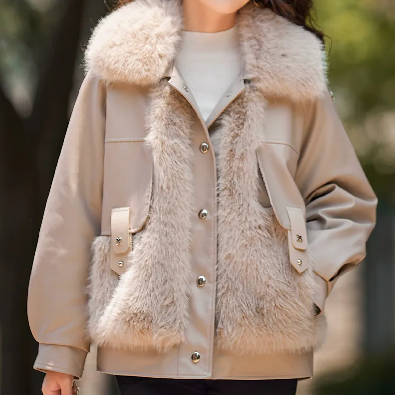 Faux Leather Fur Patchwork Coat