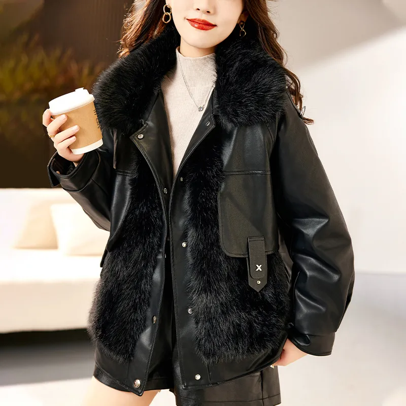 Faux Leather Fur Patchwork Coat