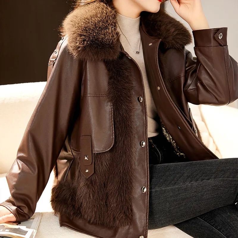 Faux Leather Fur Patchwork Coat