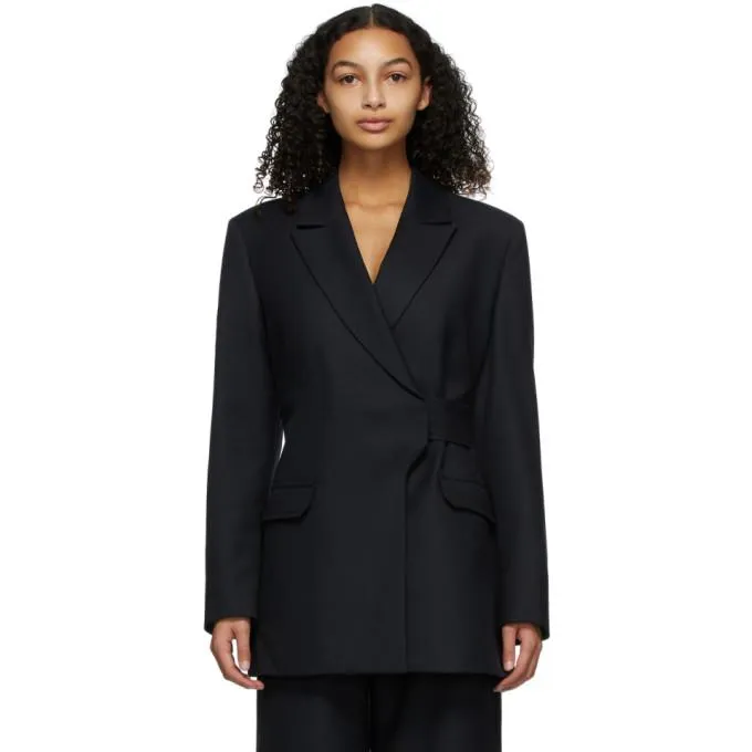GANNI Navy Wool Suiting Wrap Blazer
