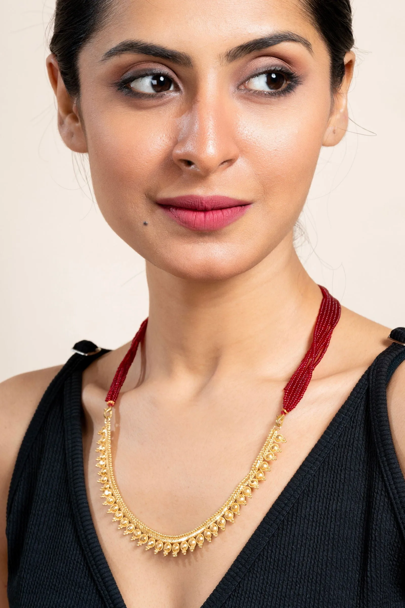 Gold Plated Designer Necklace with Bold Red Tassel Dori - Exquisite Copper Jewelry
