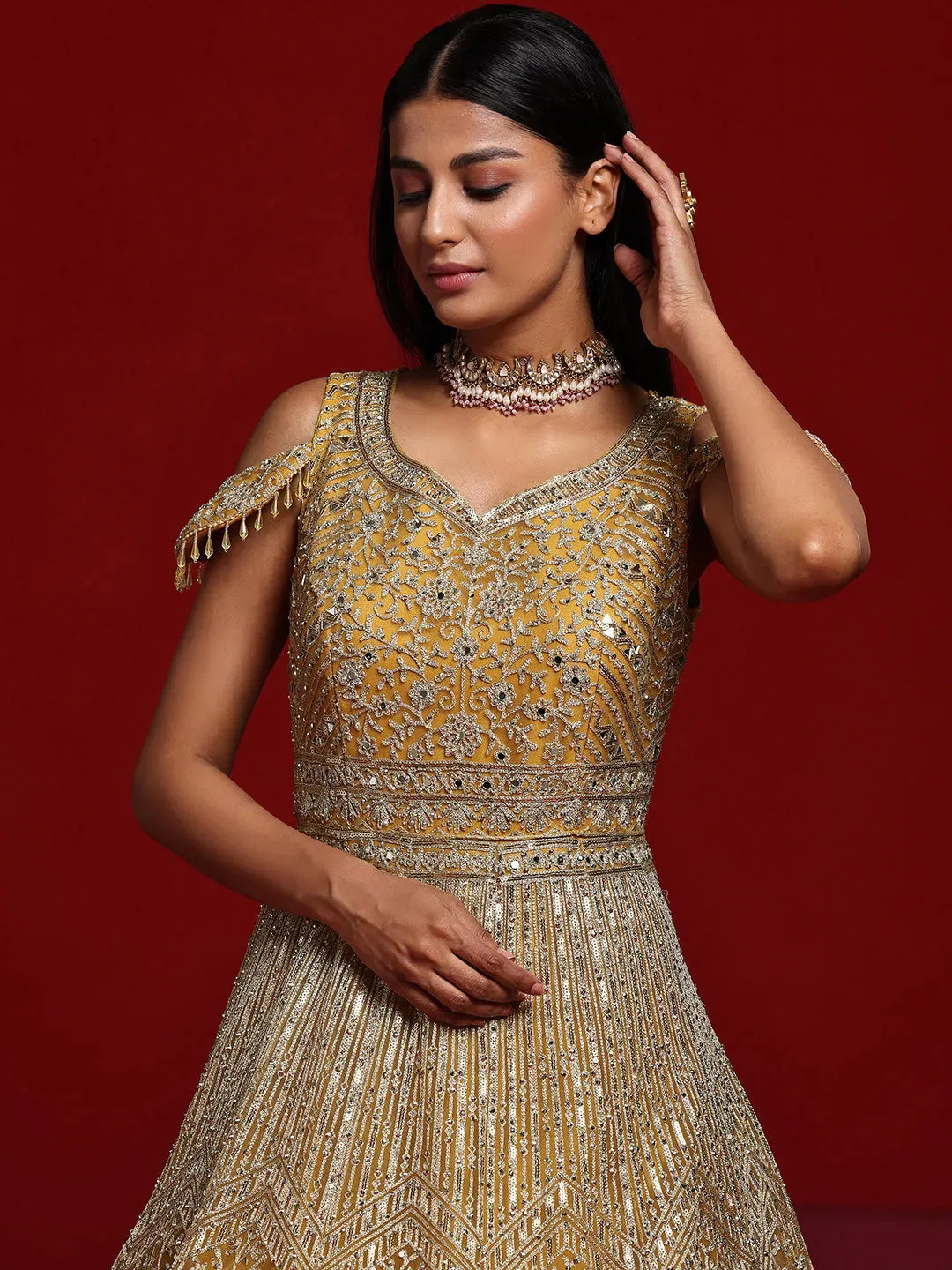 Jashvi Art Mustard Embellished Nylon Gown With Dupatta