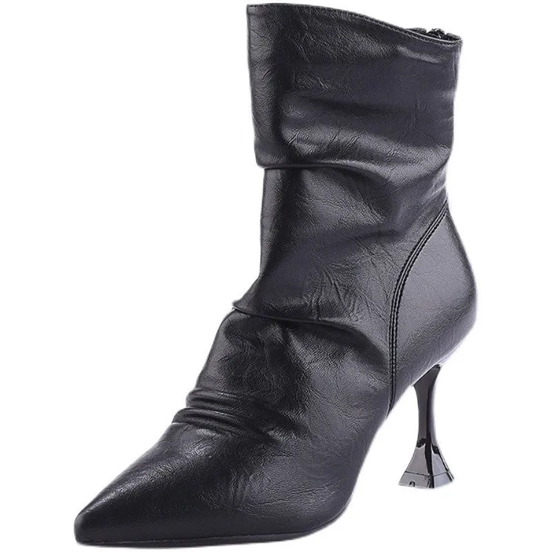 Kitten Heel Pleated Skinny Short Boots