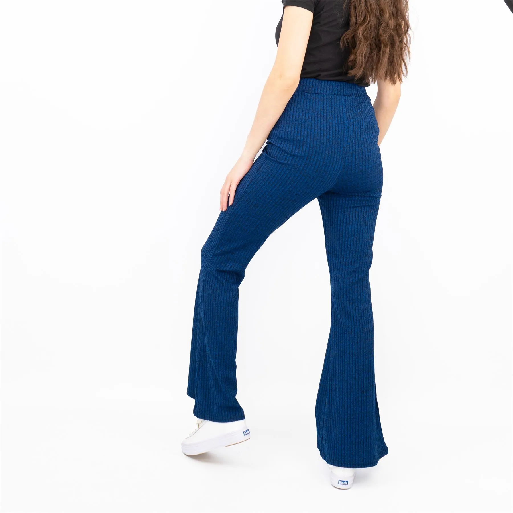 Nasty Gal Blue Ribbed Pull-On Flared Trousers
