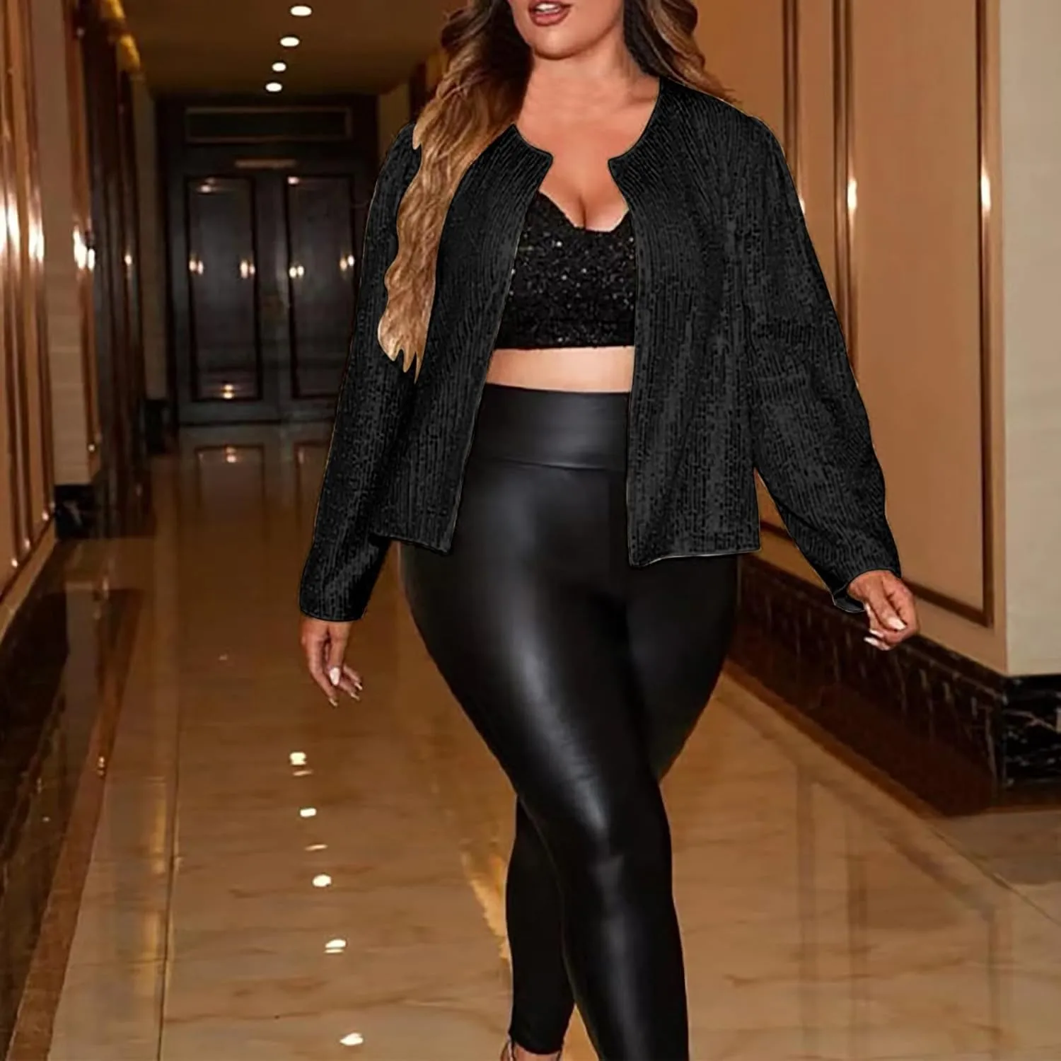 Plus Size Sequin Jacket Women Fashion Sparkle Cardigan Coat Long Sleeve Glitter Jackets Sparkly Blazer for Party