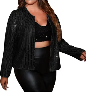 Plus Size Sequin Jacket Women Fashion Sparkle Cardigan Coat Long Sleeve Glitter Jackets Sparkly Blazer for Party