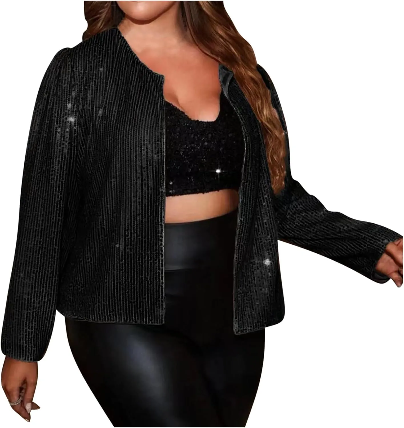 Plus Size Sequin Jacket Women Fashion Sparkle Cardigan Coat Long Sleeve Glitter Jackets Sparkly Blazer for Party