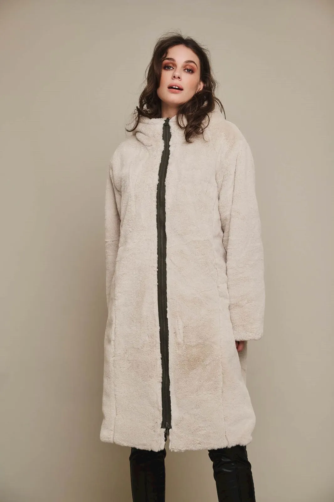 Rino & Pelle Josien Hooded Reversible Coat - Dark Olive/Stone