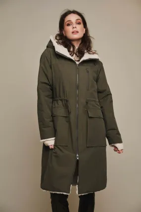 Rino & Pelle Josien Hooded Reversible Coat - Dark Olive/Stone