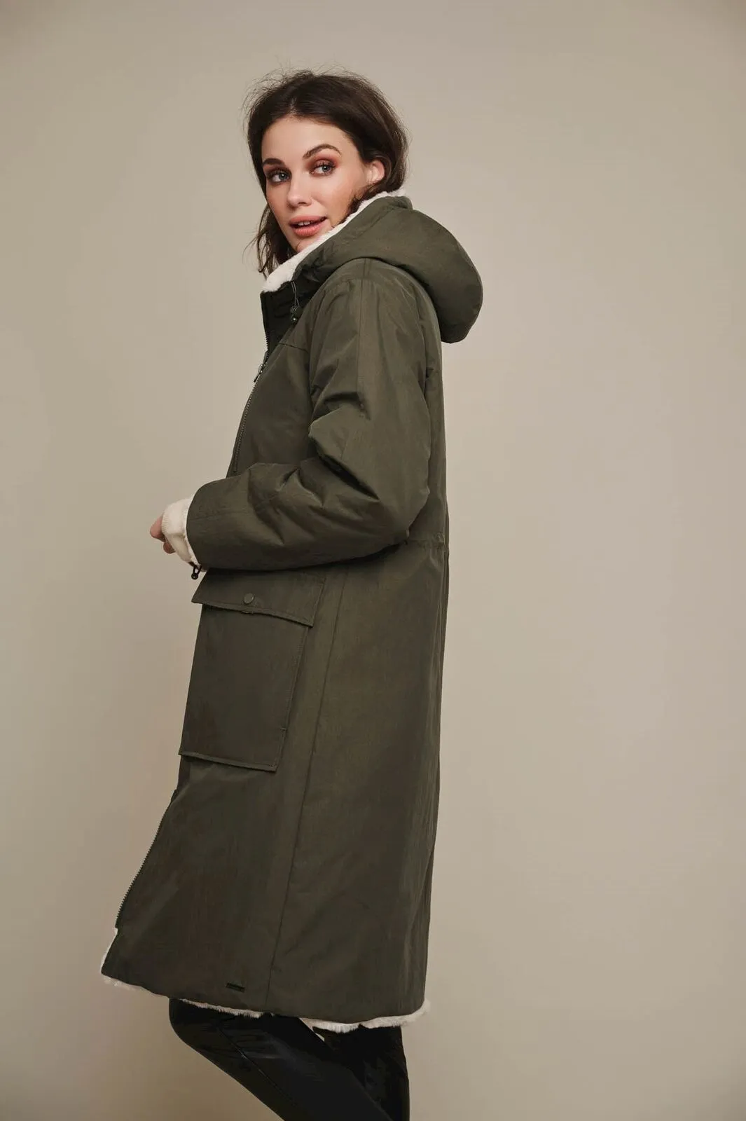 Rino & Pelle Josien Hooded Reversible Coat - Dark Olive/Stone
