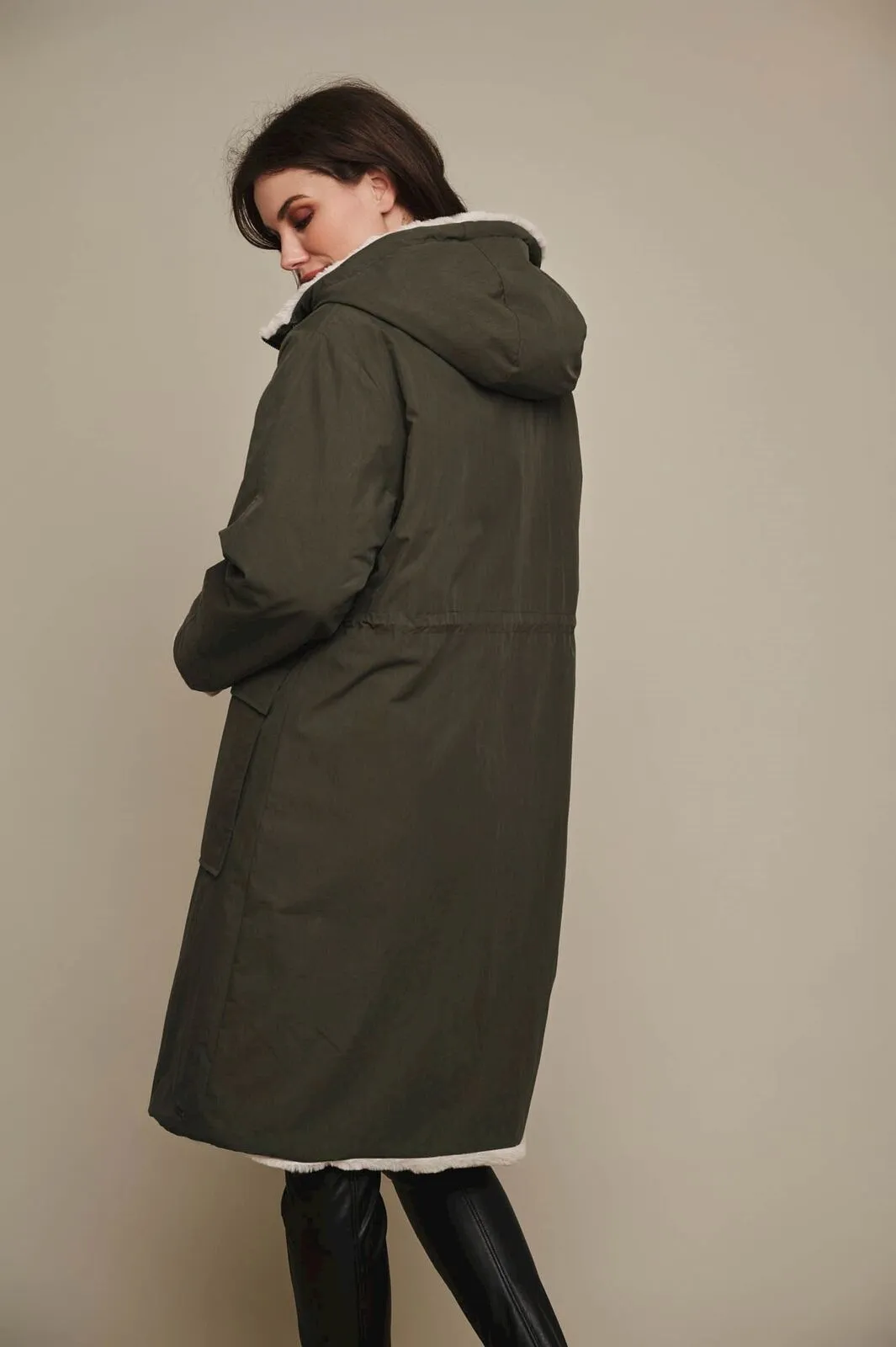 Rino & Pelle Josien Hooded Reversible Coat - Dark Olive/Stone