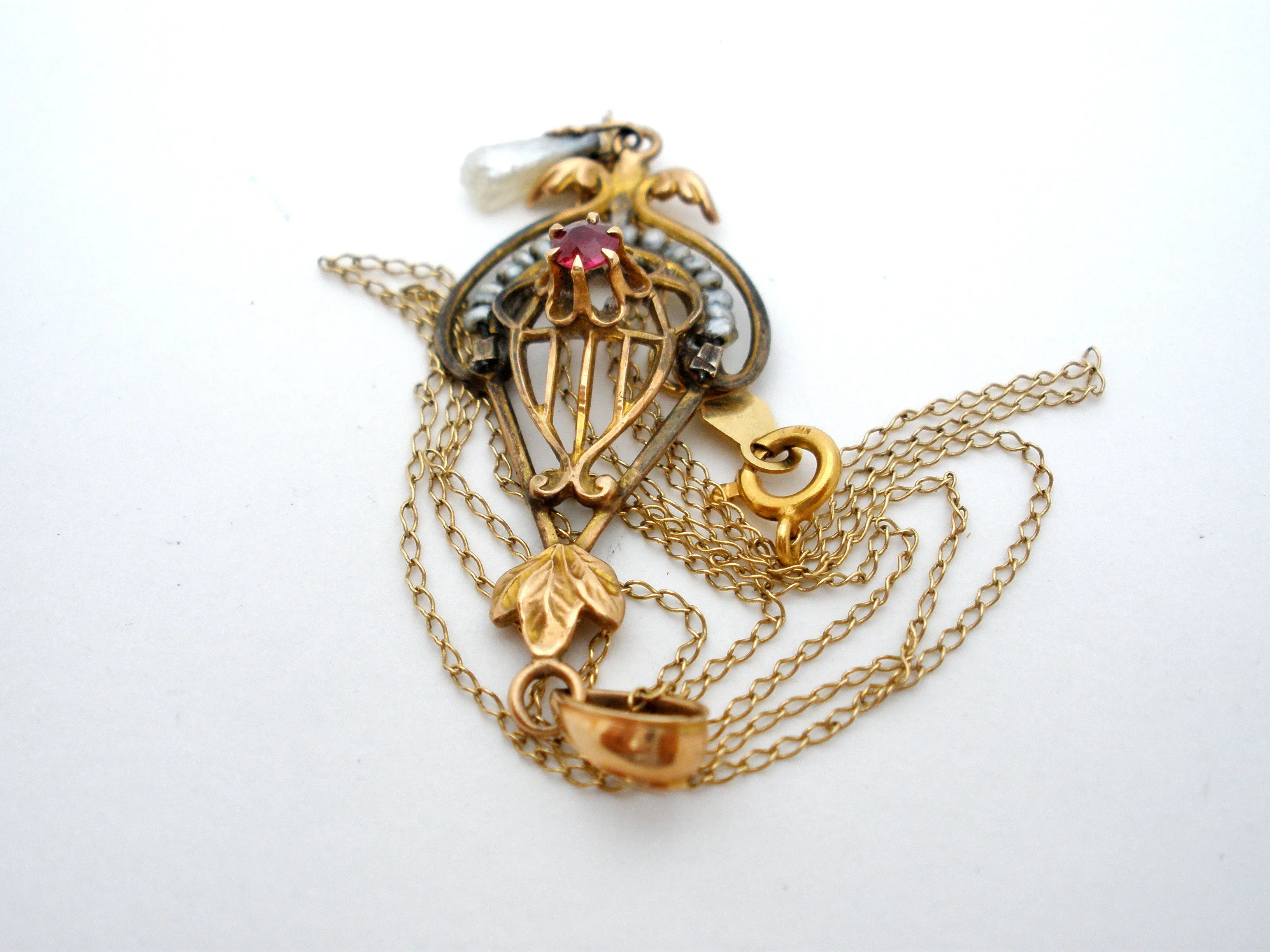 Victorian Ruby & Pearl Gold Lavalier Necklace Ostby & Barton