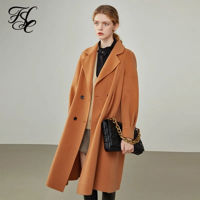 Women Retro Temperament Orange Double-sided Woolen coat Women's Mid-length Double-breasted A-line Pure Wool Coats