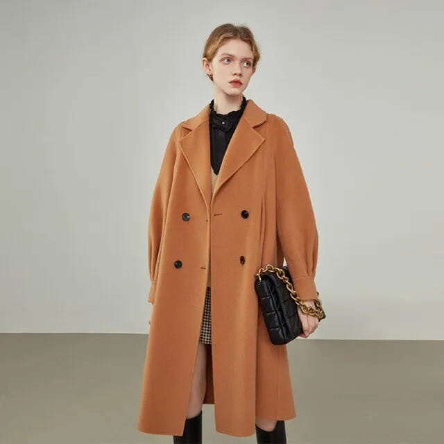 Women Retro Temperament Orange Double-sided Woolen coat Women's Mid-length Double-breasted A-line Pure Wool Coats