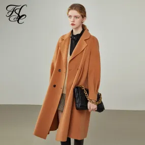 Women Retro Temperament Orange Double-sided Woolen coat Women's Mid-length Double-breasted A-line Pure Wool Coats